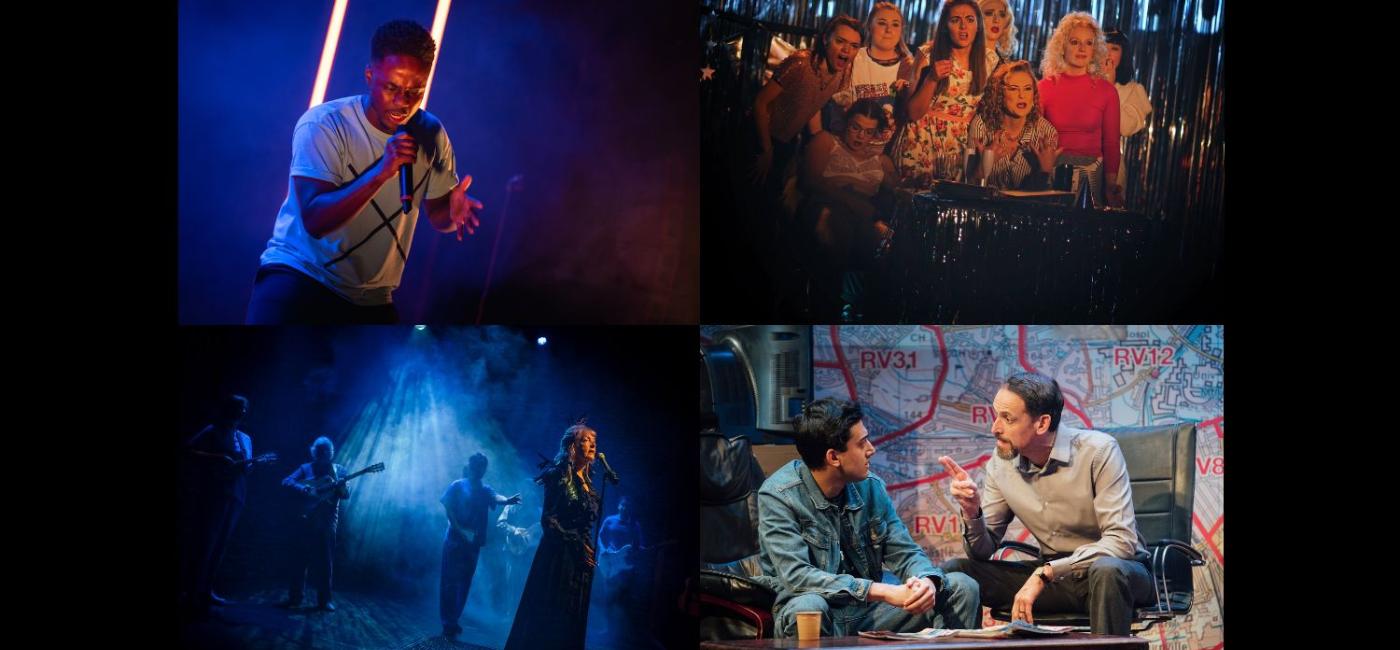 Montage of production images featuring Shine, Bonnie & Fanny's Christmas Spectacular, Clear White Light and Approaching Empty