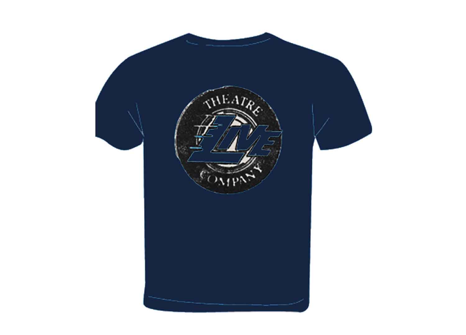 Picture of navy T-shirt with logo in white & black on it