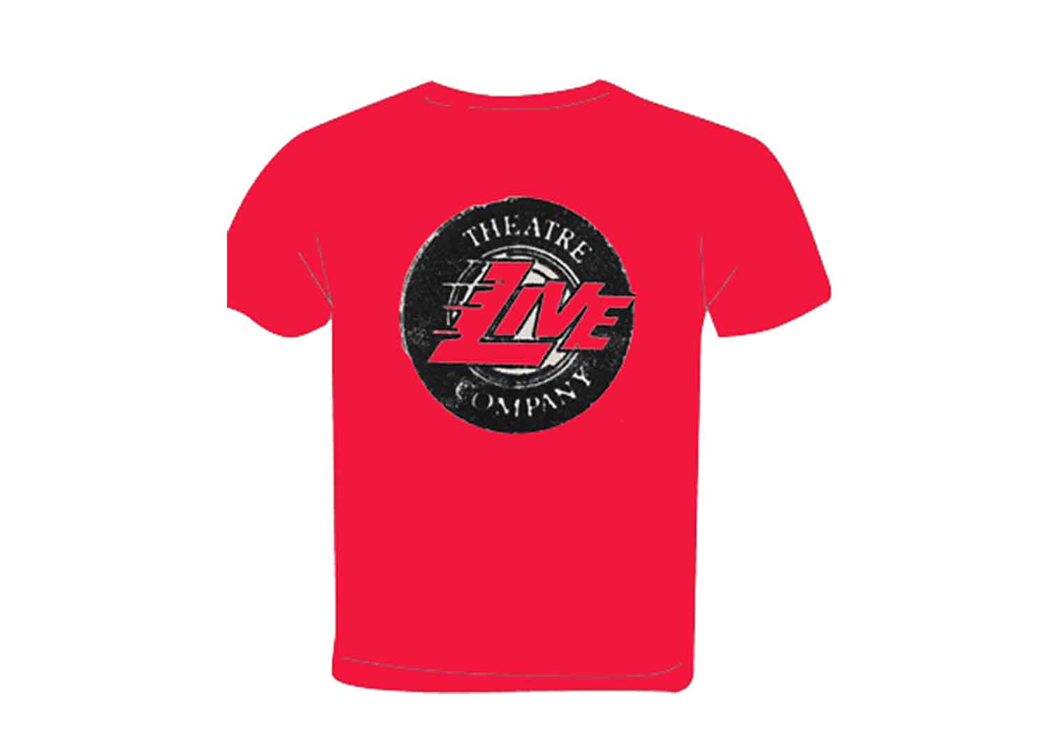 Picture of red T-shirt with black and white logo on it