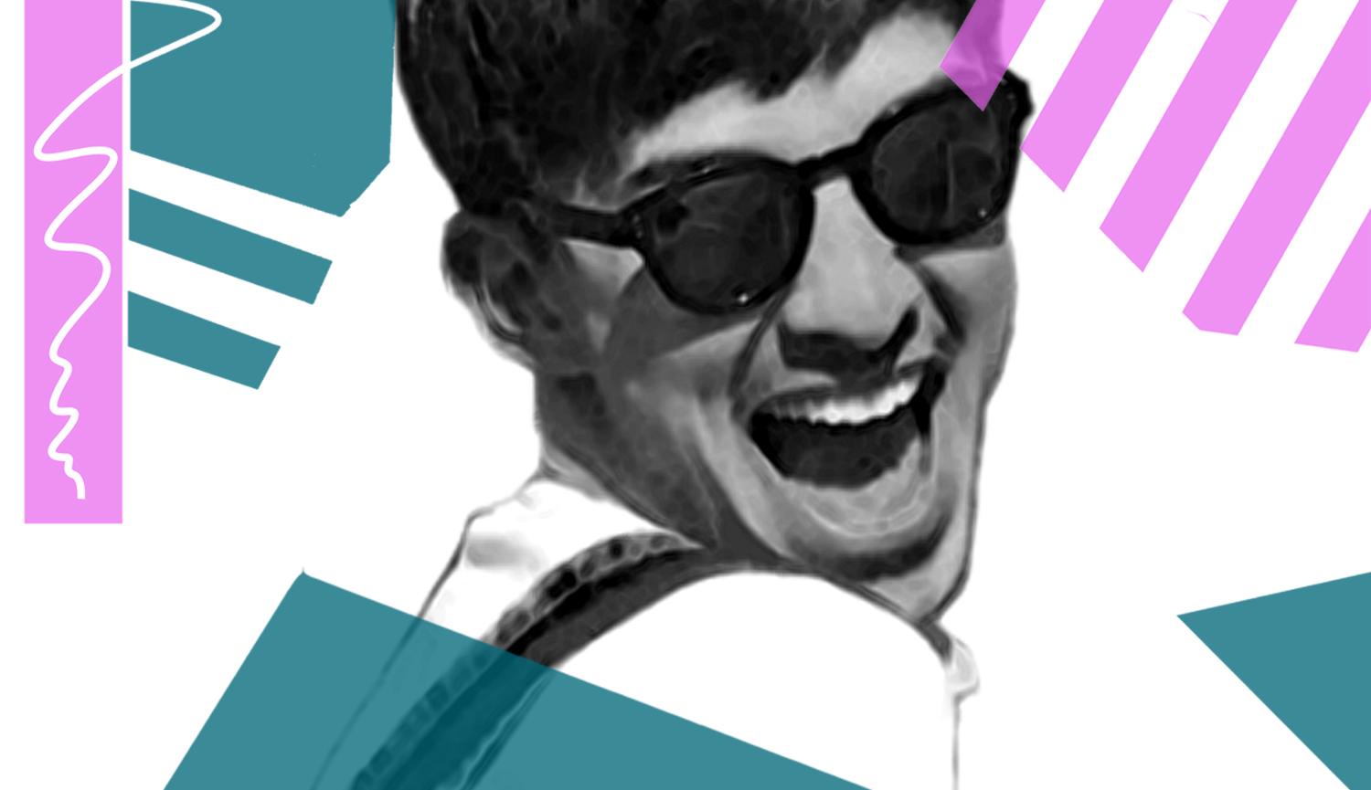 Black and white photo of boy wearing sunglasses looking over his right shoulder at the camera with blocks of colour over image