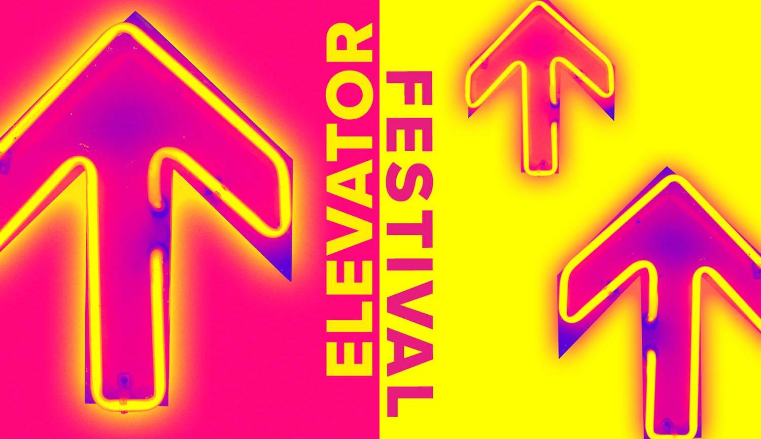 Elevator festival image of yellow neon arrow on pink background on left, 2 pink neon arrows on yellow background on right