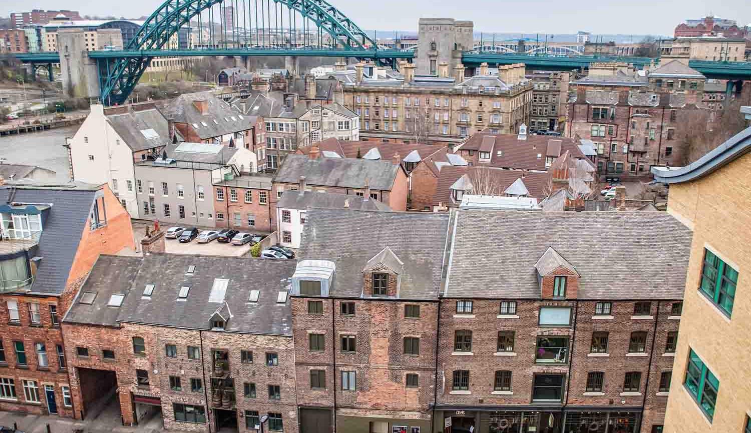 Aerial photo of Live Theatre buildings with Tyne Bridge in background