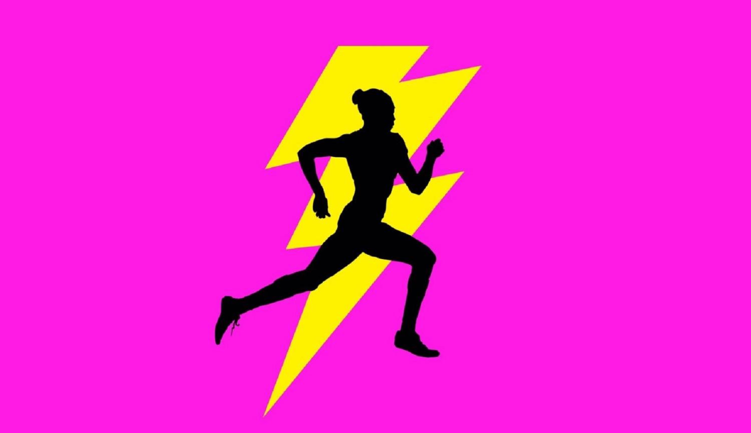 Silhouette of female running with lightning bolt symbol in background 