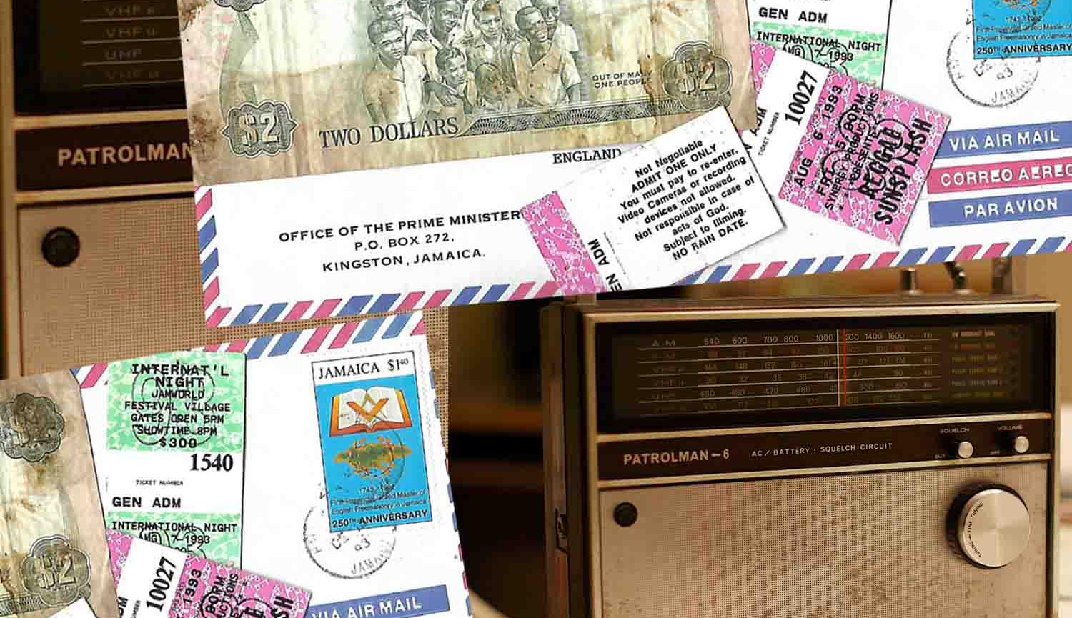 Sepia photo of old radio, image of air mail envelope with stamp, Jamaican two dollar note and tickets