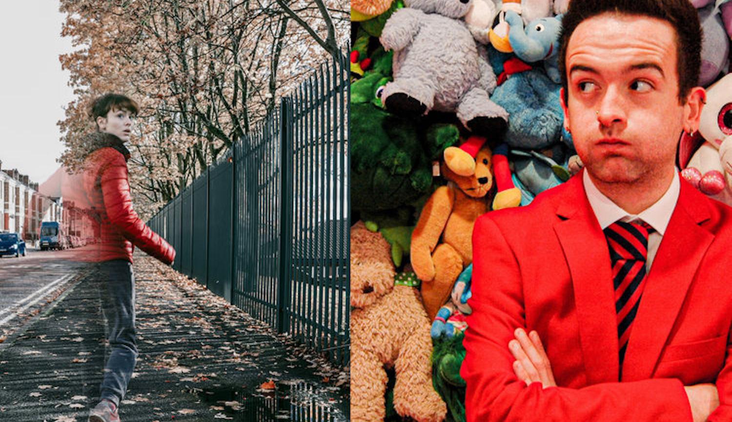 girl on street looking back in autumn + Redcoat in front of display of cuddly toys