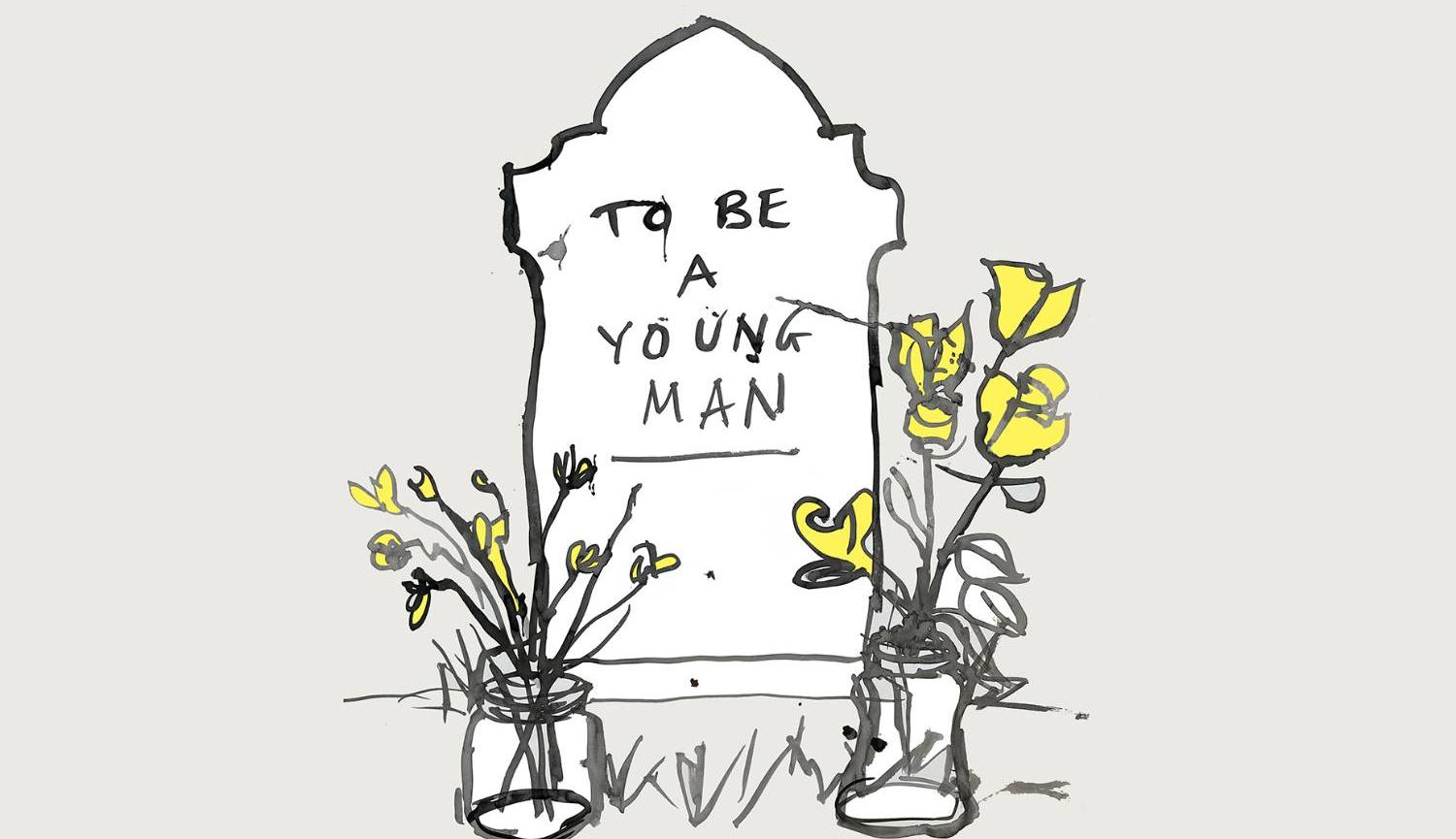 An illustration of a gravestone with yellow flowers in front of it  -the wordsTo Be A Young Man written on the gravestone