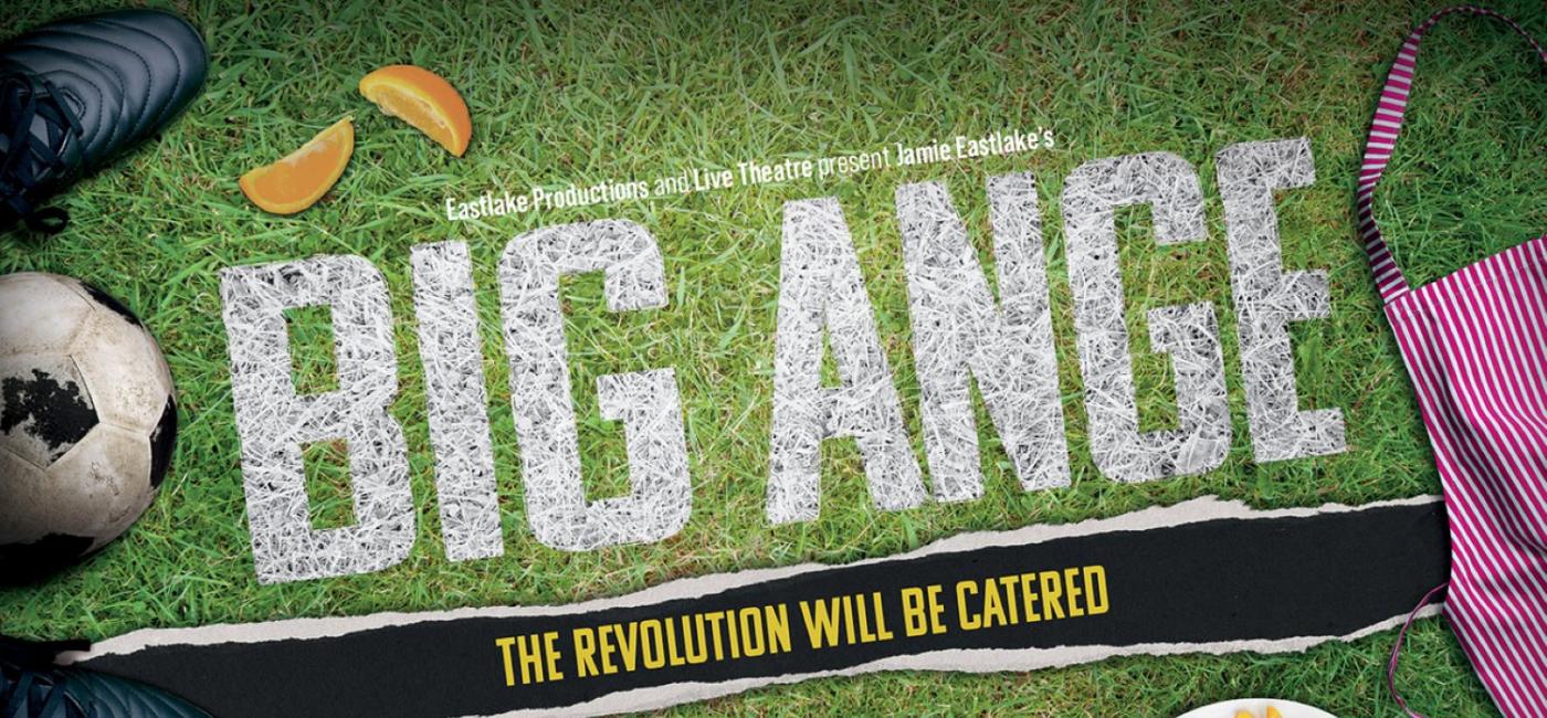 Big Ange in text over image of a football pitch, a ball, apron and a plate of chips
