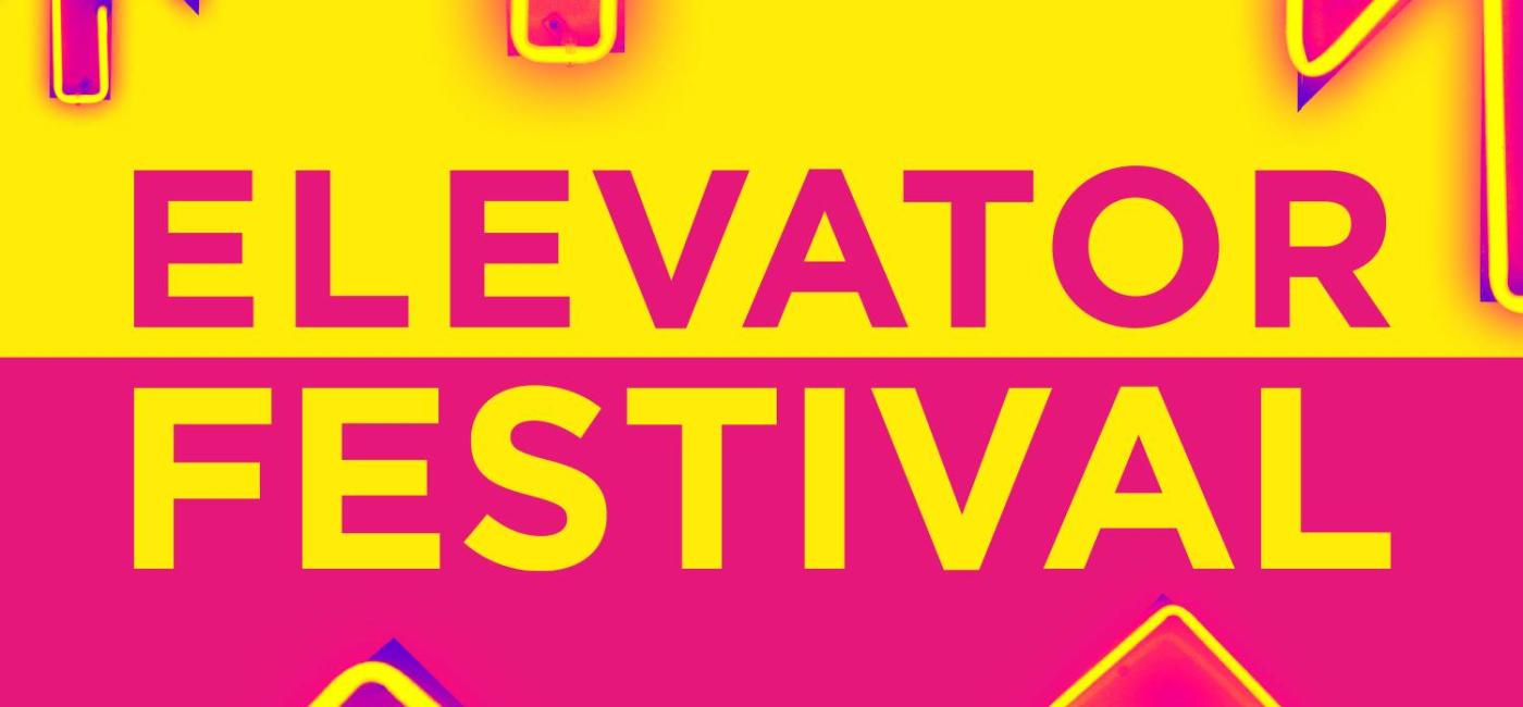 Elevator Festival logo - pink and white text with up arrows