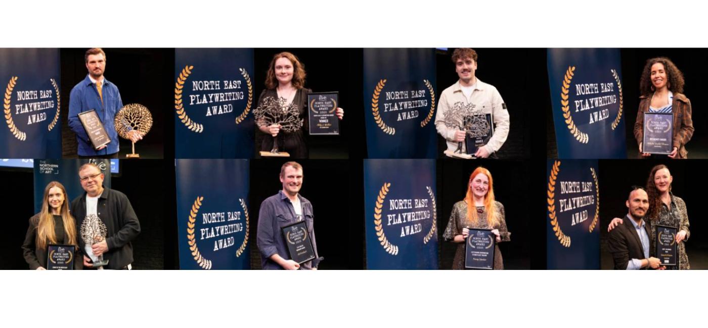 A montage of images showing recipients of the North East Playwriting Award