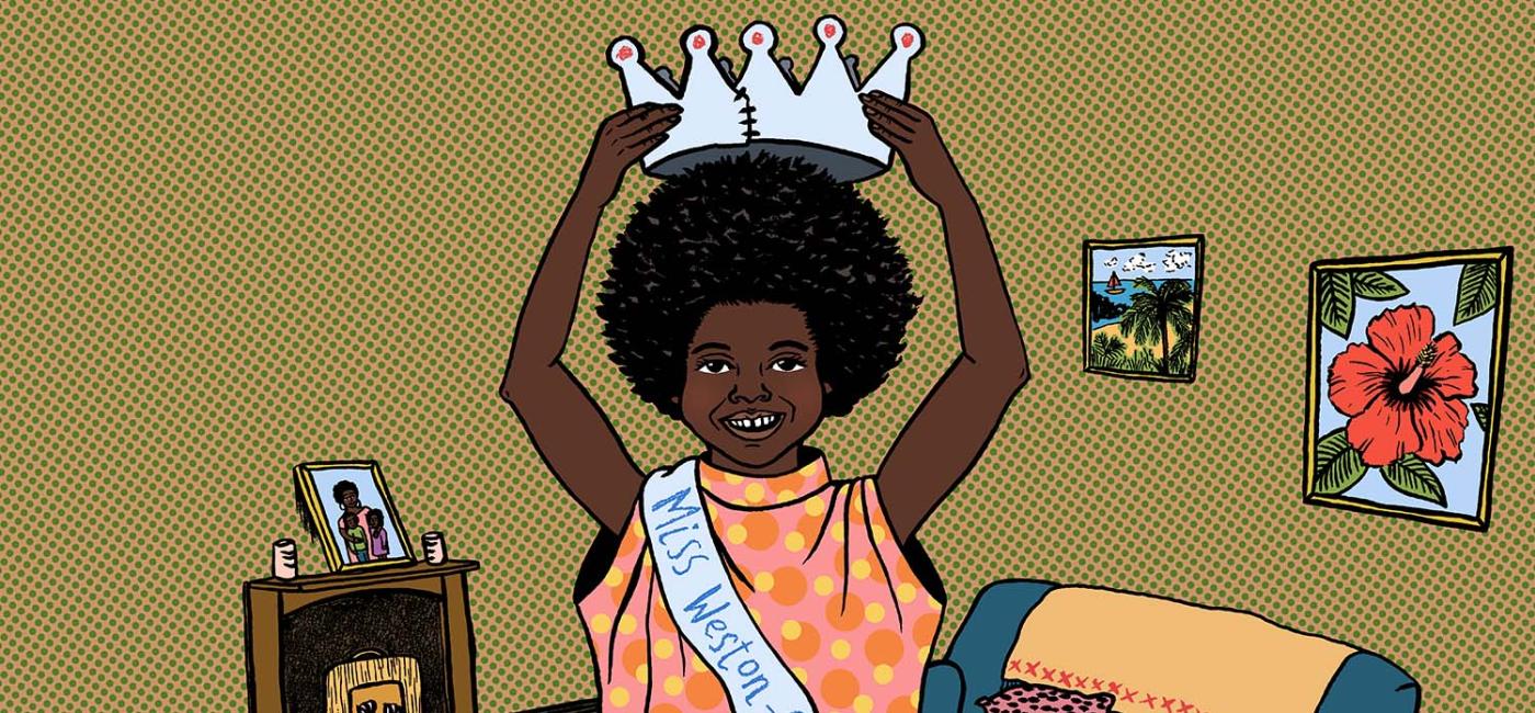 Young black girl wearing sash and holding crown 