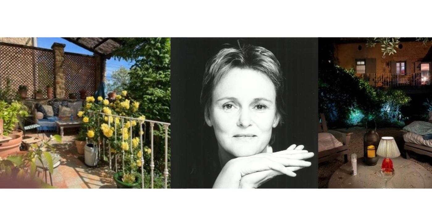Montage of photos showing Shelagh Stephenson and a garden in France