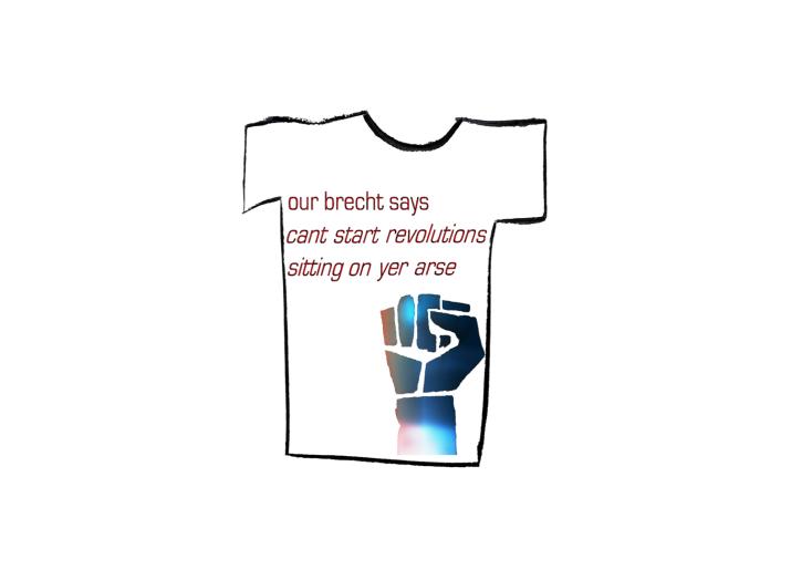 Illustration of a white t-shirt with a fist and some text on it