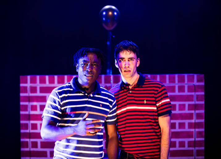 Two males looking to camera in front of a brick wall