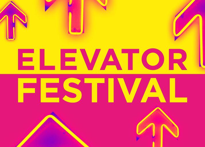 Elevator Festival logo - pink and white text with up arrows