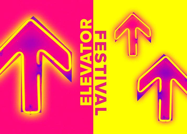 Elevator festival image of yellow neon arrow on pink background on left, 2 pink neon arrows on yellow background on right