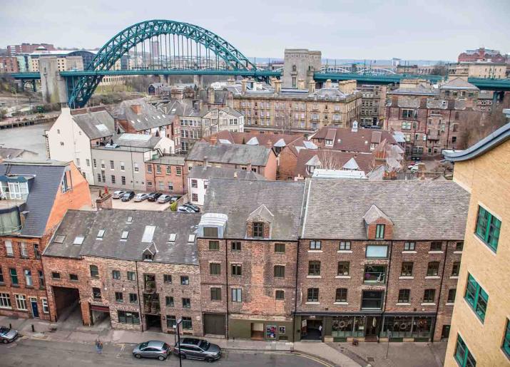 Aerial photo of Live Theatre buildings with Tyne Bridge in background