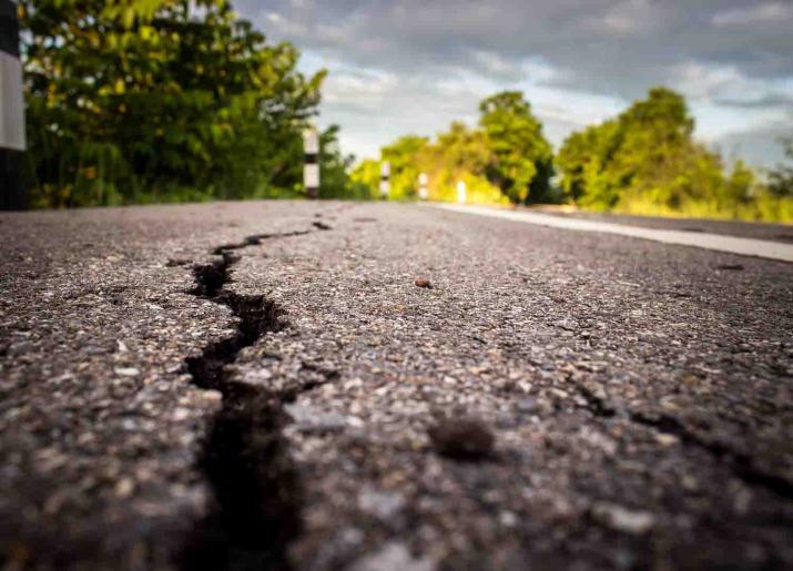 Photo at ground level of road with white line and crack in tarmac with trees in the distance