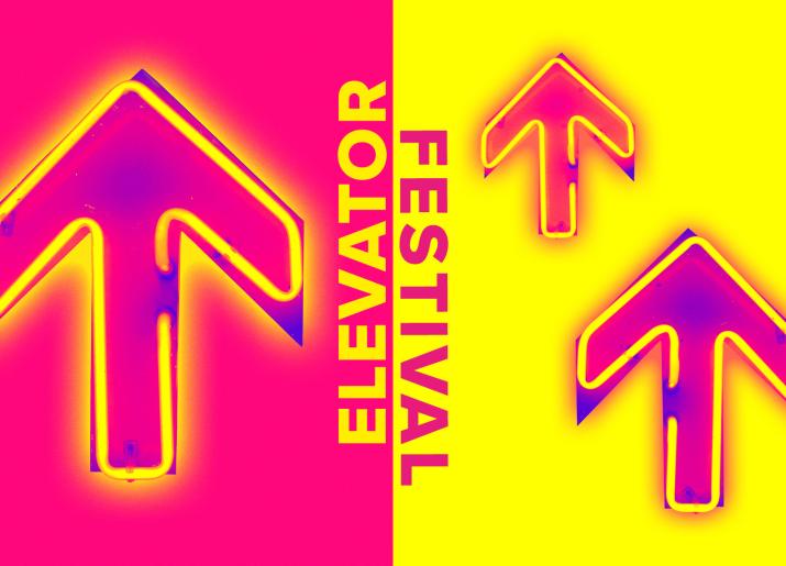 Elevator Festival artwork, pink background on left with yellow neon arrow, yellow background on right with 2 pink neon arrows
