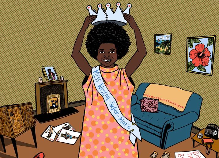 Young black girl wearing sash and holding crown 