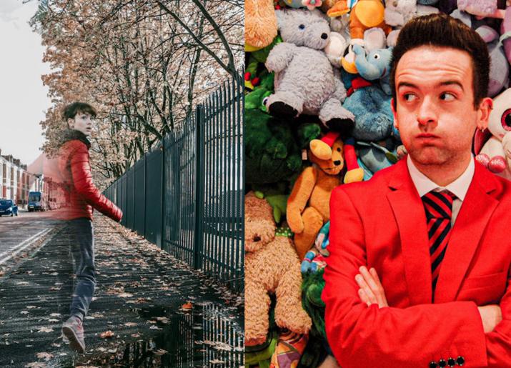 girl on street looking back in autumn + Redcoat in front of display of cuddly toys