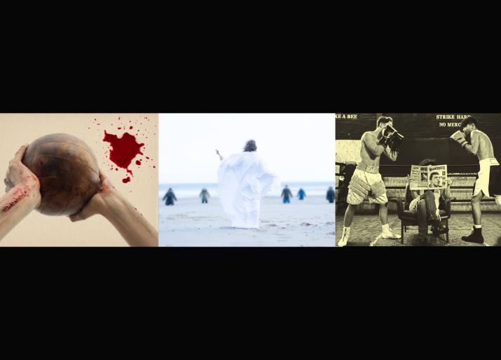 Montage of three images - ball in hands, figures on a beach and boxers
