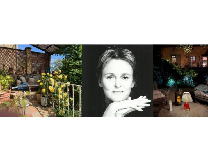 Montage of photos showing Shelagh Stephenson and a garden in France