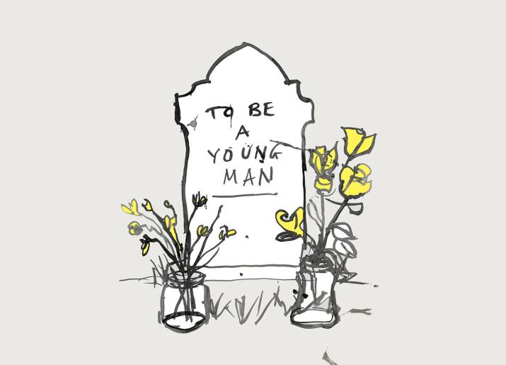 An illustration of a gravestone with yellow flowers in front of it  -the wordsTo Be A Young Man written on the gravestone