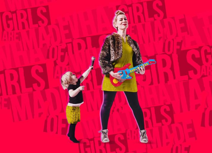 Picture of woman playing a guitar and a little girl holding a microphone What Girls Are Made Of Live Theatre